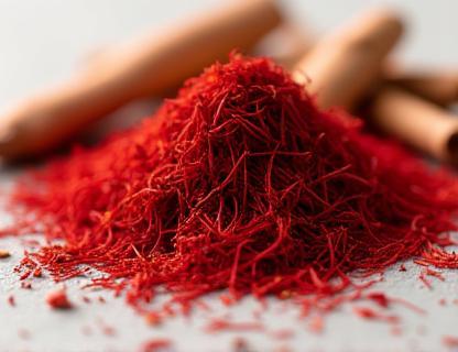 Close-up image of Saffron strands and Manjistha root